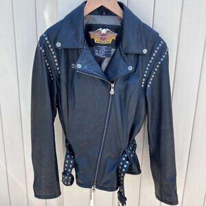 Harley Davidson Black Leather jacket with belt and studs Women’s size Medium